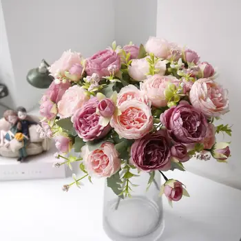 2 Grede, 5 glava, Umjetne Ruže, umjetna svila, Imitacija cvjetni buket, Božur, svadbena Dekoracija stola i kuće
