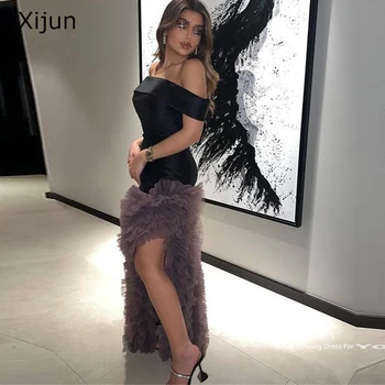 Black satin haljina za prom Xijun Sirena sa cutaway лодочкой, večernje haljine, jelovnik za poseban program večernje haljine, haljine za maturalne s prorezom sa strane, 2023, Saudijska Arabija