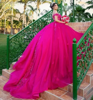 Bujna haljine princeze Fuksija, Loptu haljina S otvorenim ramenima, čipke i Aplike, Slatke 16 Haljine, 15 Meksički pribor.