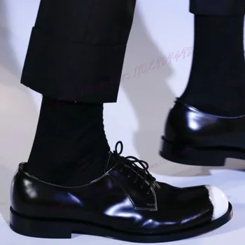 Crni Kolaž Muške Cipele-Derbi je Unakrsno uvezivanje Na Masivnim Potpetice, od manekenske cipele Ručne izrade za Muškarce, Večernje Cipele za modnu Pistu, Zapatos Para Hombres