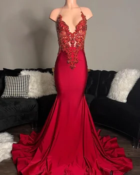 Crveno seksi haljina Sirena za prom, Атласное, расшитое perle, bez rukava, sa šljokicama, bez naslona, Večernja haljina slavne osobe, večernji ogrtač, ženska večer