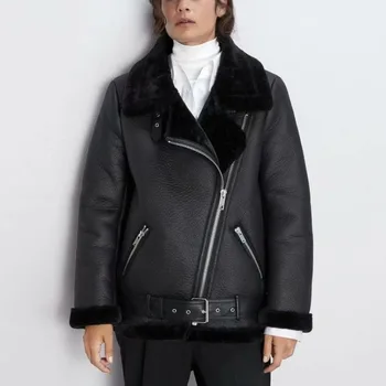 Jesensko-zimska ženska nova krzno integrirani термокуртка, kaput od umjetne kože s dugim rukavima i lapels, topla moderan ženska gornja odjeća