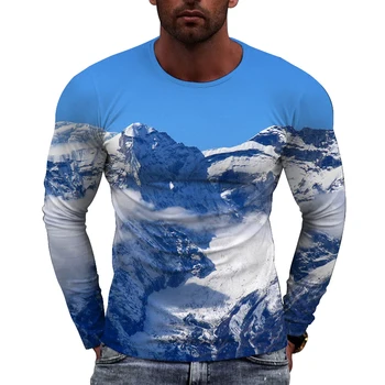 Jesensko-zimske sezone, modni muška majica europske veličine dugih rukava, majice sa po cijeloj površini Montañas Nevadas, majice s okruglog izreza.