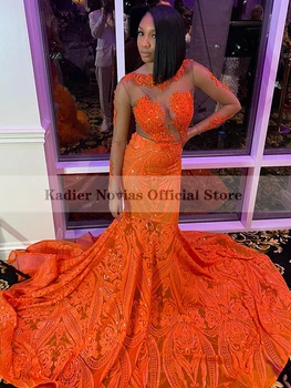 KADIER NOVIAS, Narančasta čipke, haljine Sirena s visokim воротом, Večernjih haljina s šljokice, Vestidos De Fiesta