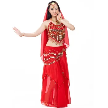 Kit indijske nošnje iz 4 predmeta, veo za ples trbuha, top, novac, šal, suknja za trbušni ples, ženski kostim