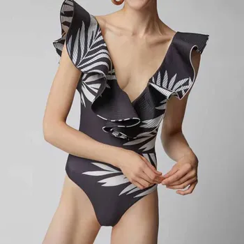 Modni bikini s dubokim V-neck po cijeloj površini i рюшами, seksi cjelovite kupaći kostimi ženski kupaći kostim s urezima, ljeto plaža odjeća, berba oblikovana kupanje