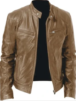 Muška мотоциклетная kožna jakna, приталенное kratki kaput, jaknu od umjetne kože s lapels, осеннее ветрозащитное kožni kaput na munje, muška odjeća