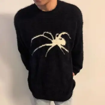 Muški pulover, Muški zimski džemper od umjetne mink s uzorkom pauk, pletene pulover u stilu hip-hop s okruglog izreza i dugih rukava, toplo