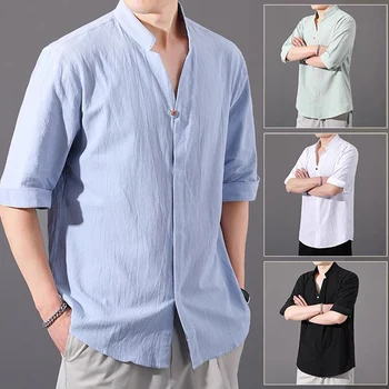 Nove ljetne majice Osnovne majice za muškarce, majica kratkih rukava, funky monotono bluza, Udobne ljetne lanene majice s V-izrez, gospodo