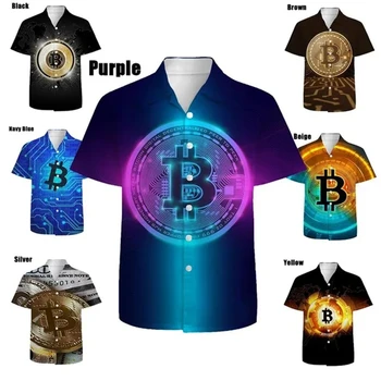 Novi modni ljetna muška majica s 3D ispis Bitcoin, havajski plaže vrhovima na zakopčane i лацканах, vanjska odjeća, prozračne majice