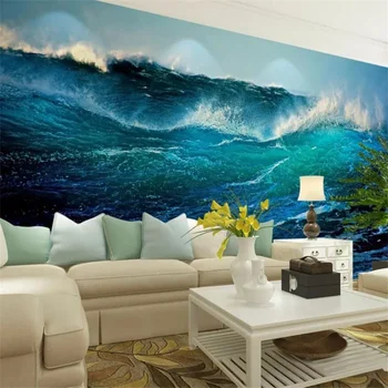 Običaj Blue ocean waves pozadina za uređenje doma papel de parede 3d pozadina za dnevni boravak krajolik Tamno plave Morske Naljepnice