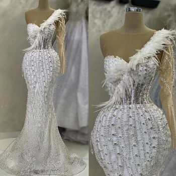 Savršena vjenčanica Sirena S kristalnim perjem, svadba haljina s beaded na jedno rame, šivani po mjeri Vestidos De Novia Sirena