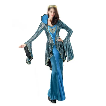 Srednjovjekovna kraljica, raskošan kostim za Noć vještica, Plava haljina sa zlatnim vezom Renesanse, Maske, kostim kraljice na Noć vještica