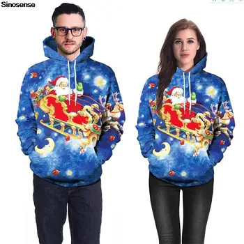 Za muškarce i žene, Ružna božićni pulover s sobovi Djeda, 3D Svemirska Galaksija, jesensko-zimski svečane nošnje, znojan božićno majica sa kapuljačom