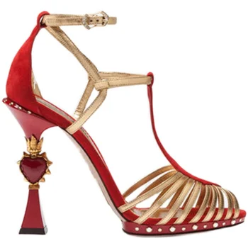 Ženske šuplje zlatno-crne sandale s visokim petama od 10 cm, cipele, čamaca sa štrasom u obliku srca, elegantne banket cipele, ljetne cipele na trgu petu 43 veličine